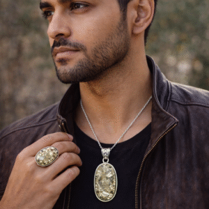 Varad Mudra Pyrite Oval Ring and Pendant Set for Unisex – Natural Pyrite Crystal Jewelry for Wealth, Protection and Confidence