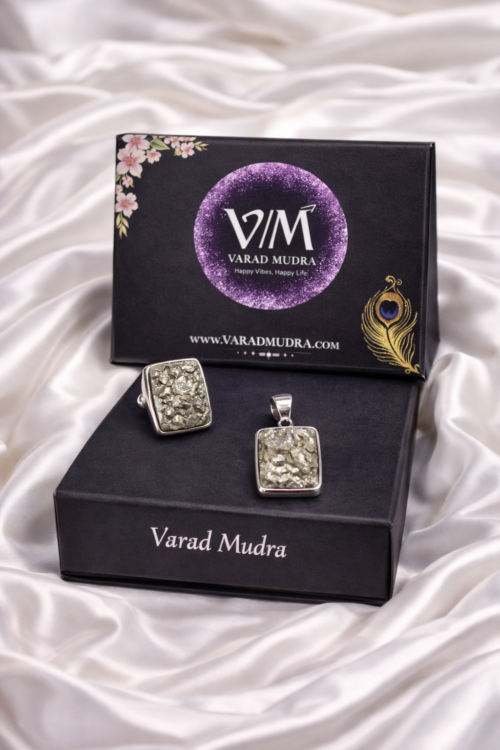 Natural Pyrite Rectangle Ring & Pendant Combo for Wealth & Confidence | Varad Mudra