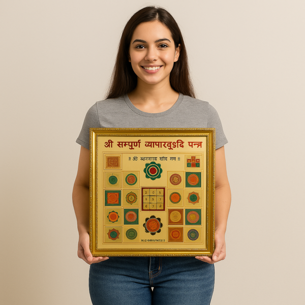 Professional Indian woman in corporate attire pointing at Vyaapar Vridhi Yantra on office wall