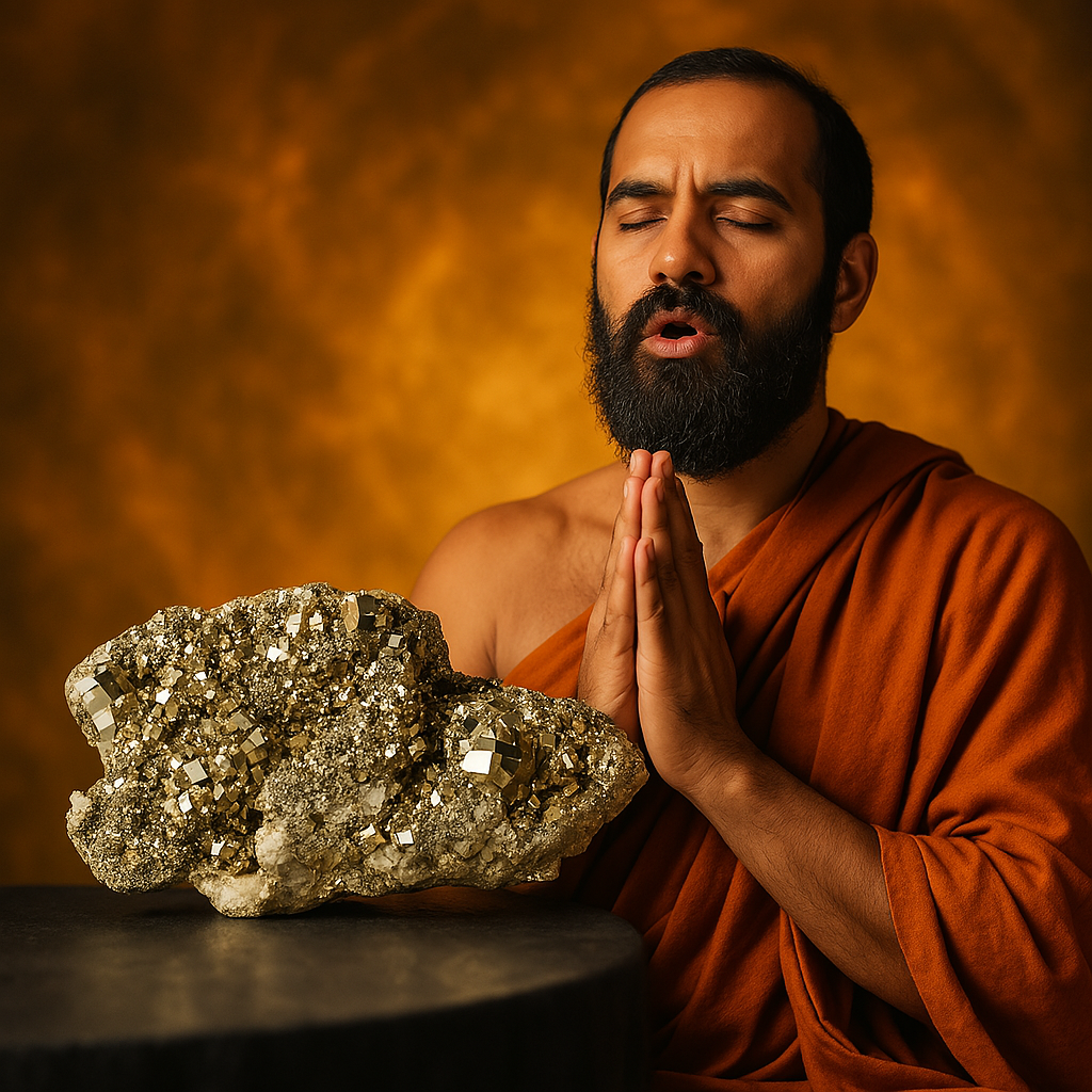 Bearded monk chanting for wealth beside a sparkling pyrite stone on golden background
