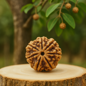Natural 7 Mukhi Rudraksha bead placed on a wooden platform with a green leafy background.