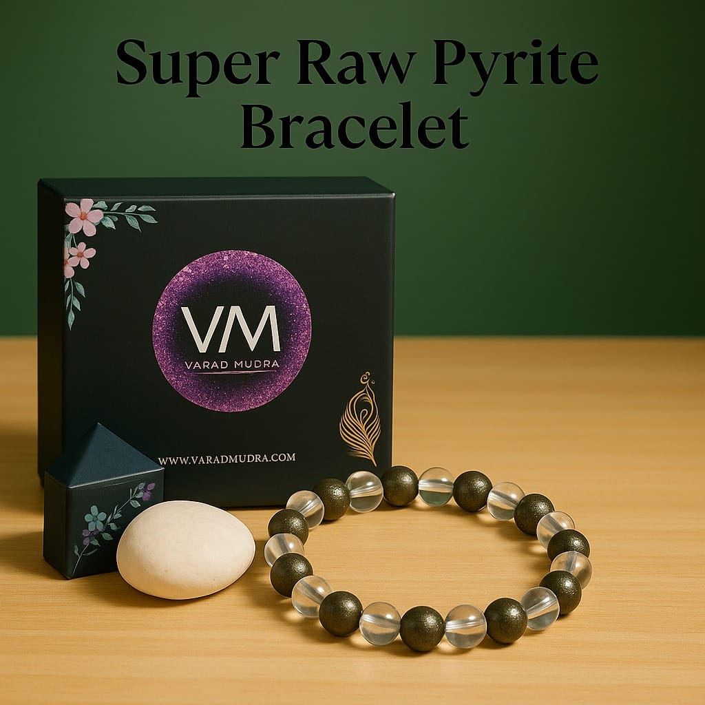 "Varad Mudra customized bracelet with Pyrite and Clear Quartz in a luxury gift box – natural crystals for abundance, clarity, and energy amplification."