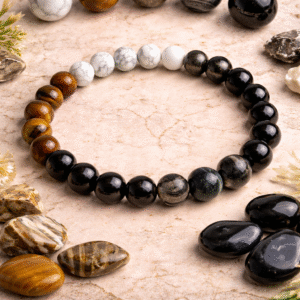 Beautiful Indian woman wearing premium crystal bracelet by Varad Mudra, showcasing natural gemstone beads for positivity, balance, and energy healing.