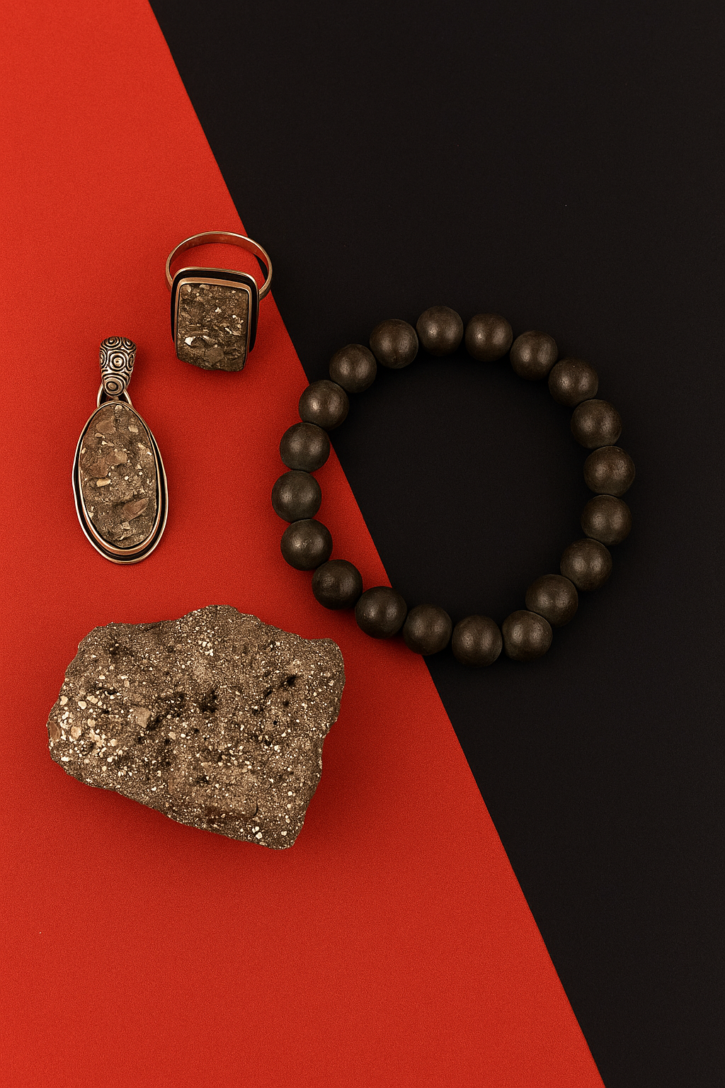 Pyrite collection set with natural pyrite stone, bracelet, ring, and locket for wealth and abundance