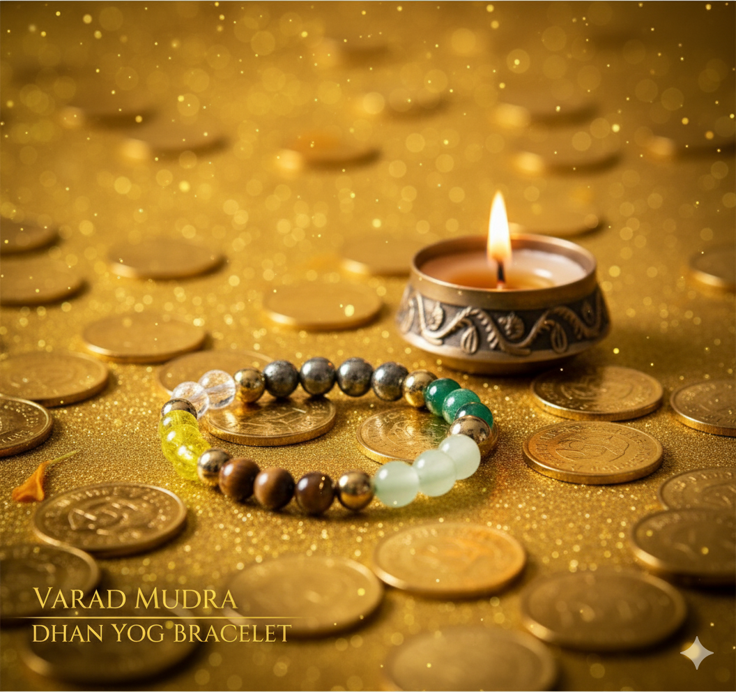 Energized Varad Mudra Dhan Yog Bracelet made with natural crystals for wealth, success, and prosperity attraction