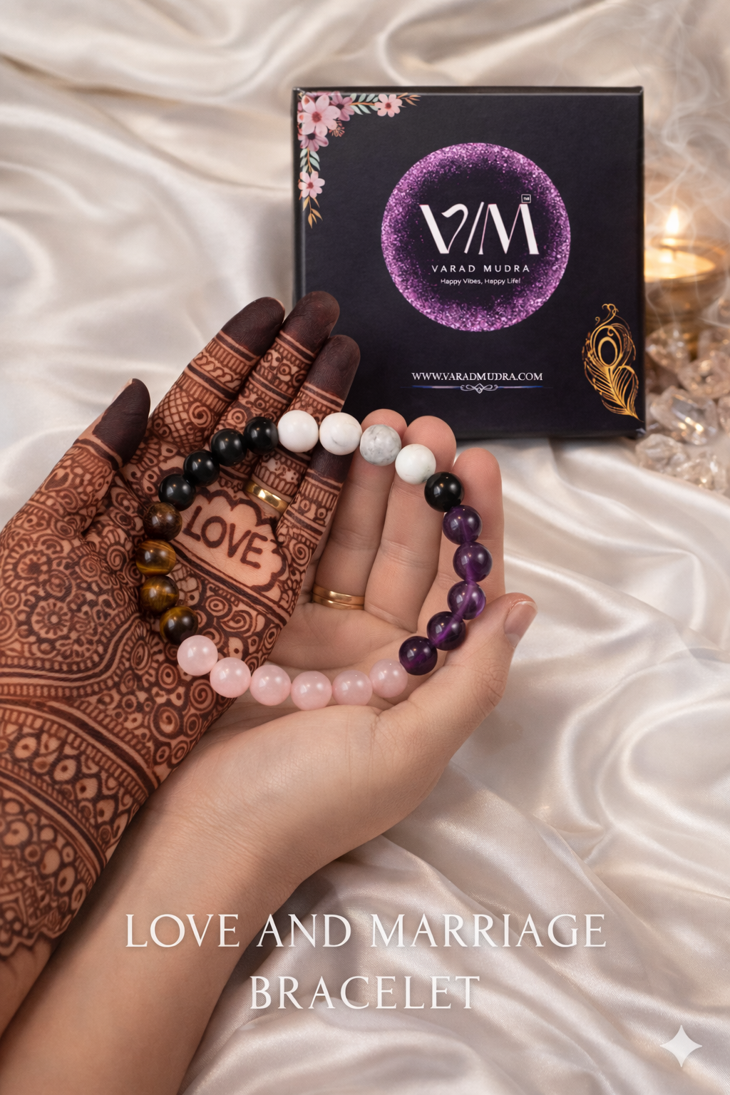 Love & Marriage Bracelet 5 Crystal Bracelet Rose Quartz Amethyst Tiger Eye Howlite Black Obsidian Varad Mudra