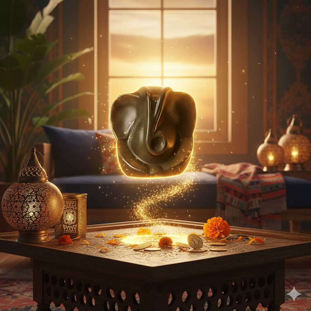 Energized Varad Mudra Pyrite Dhan Ganesha idol for wealth, success, and prosperity attraction