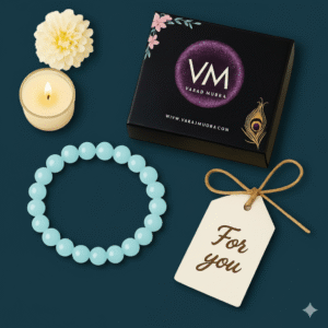 Varad Mudra Aquamarine Bracelet – natural healing crystal for calmness, communication, and emotional balance, charged and ready to wear.