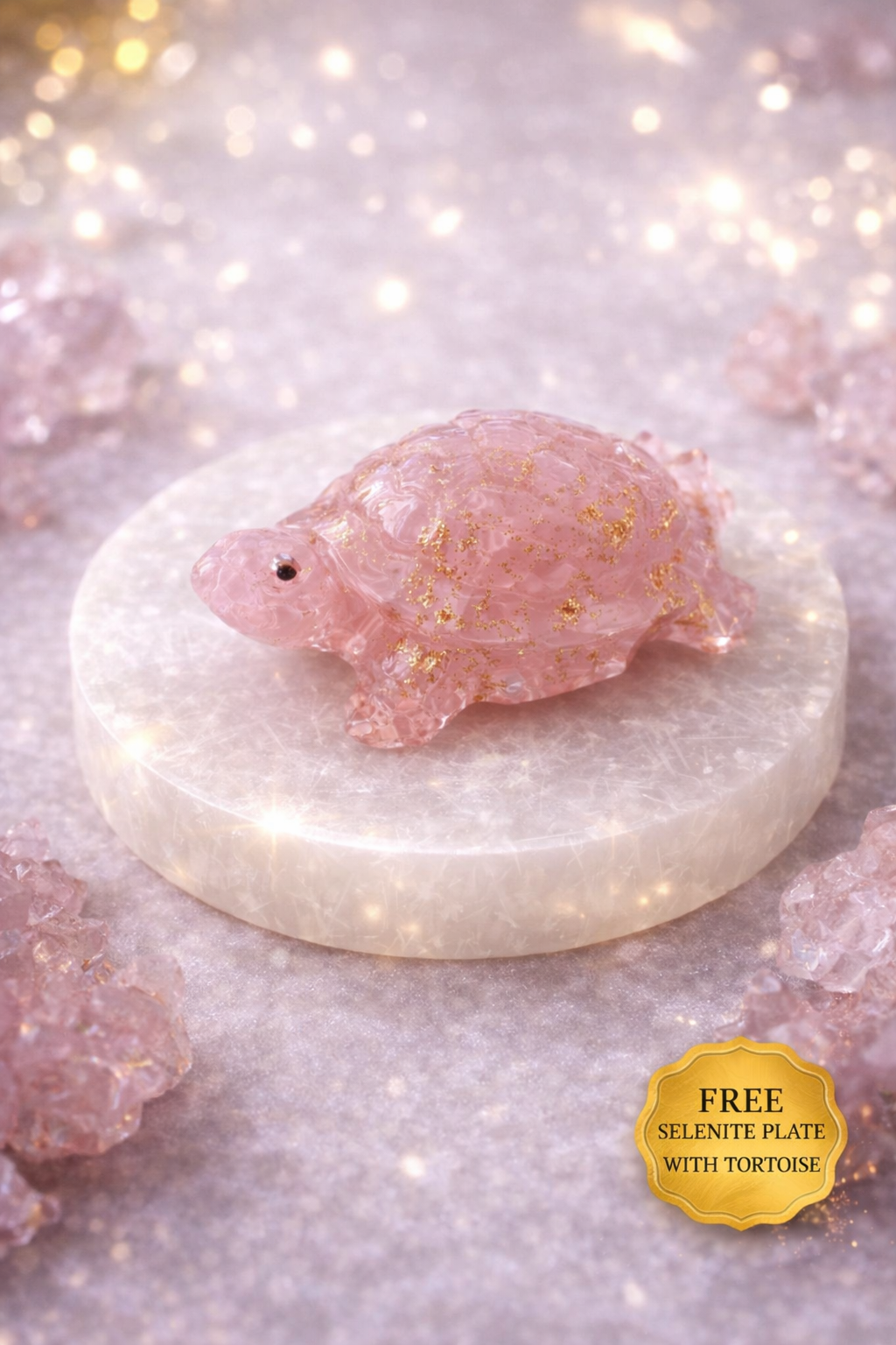 Varad Mudra Rose Quartz Tortoise with Free Selenite Plate