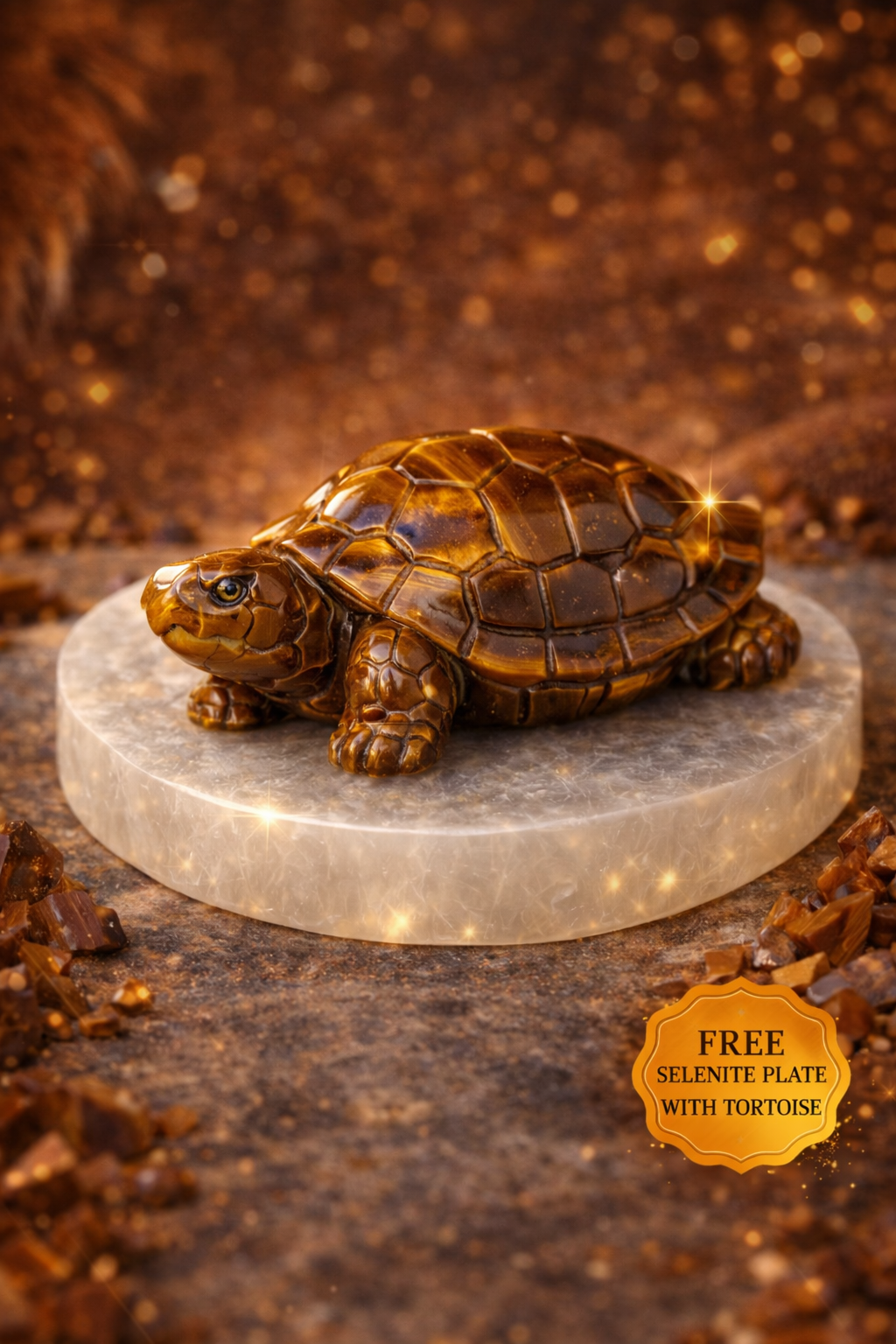 Tiger Eye Tortoise with Free Selenite Charging Plate for Protection, Wealth & Energy Cleansing