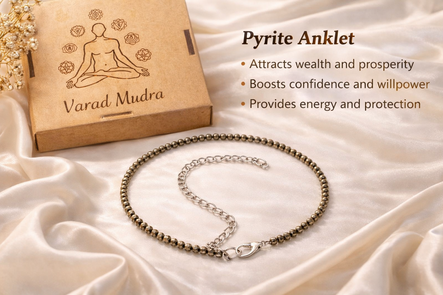 Varad Mudra Pyrite Anklet with Selenite Plate for Wealth, Protection & Energy Cleansing - Image 3