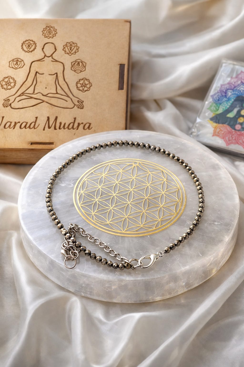 Varad Mudra Pyrite Anklet with Selenite Plate for Wealth, Protection & Energy Cleansing