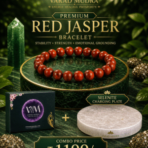 Natural Red Jasper Bracelet with Selenite Charging Plate for grounding, chakra healing, protection and crystal cleansing by Varad Mudra