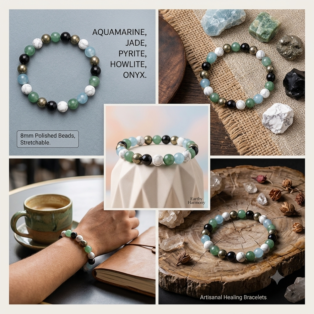 Customized Crystal Bracelet for Business, Money & Protection | Howlite, Aquamarine, Green Aventurine, Black Obsidian & Pyrite - Image 3