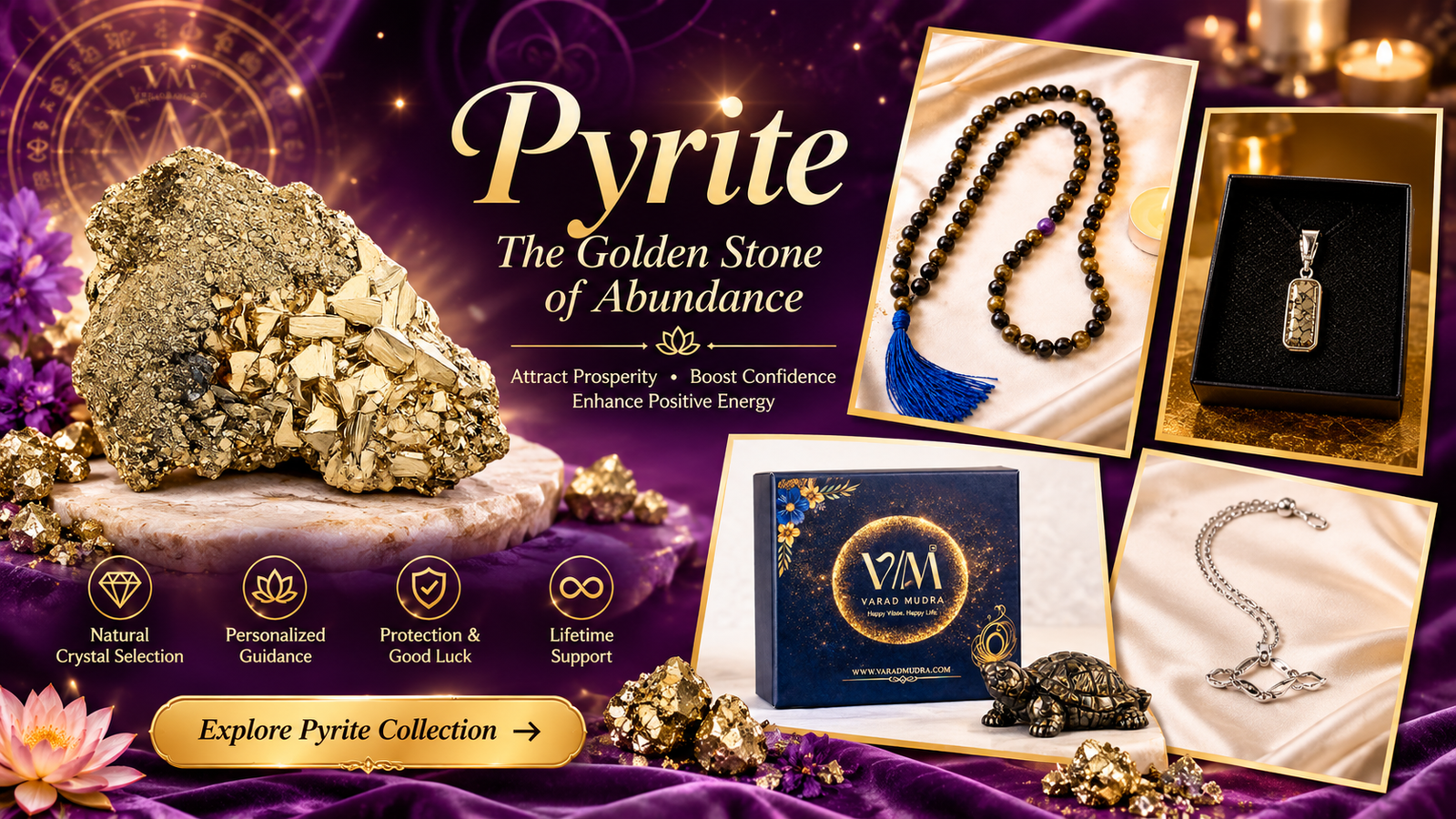 Varad Mudra Pyrite Collection featuring natural Pyrite stone, bracelet, mala, pendant and other Pyrite products