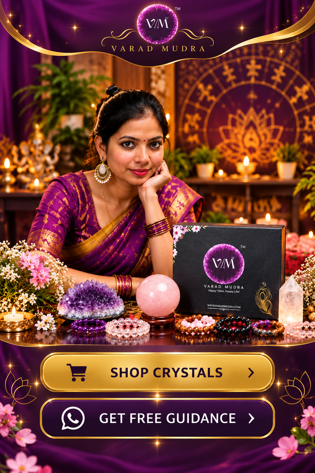 Varad Mudra premium crystal collection with natural gemstone bracelets, luxury packaging and personalized guidance